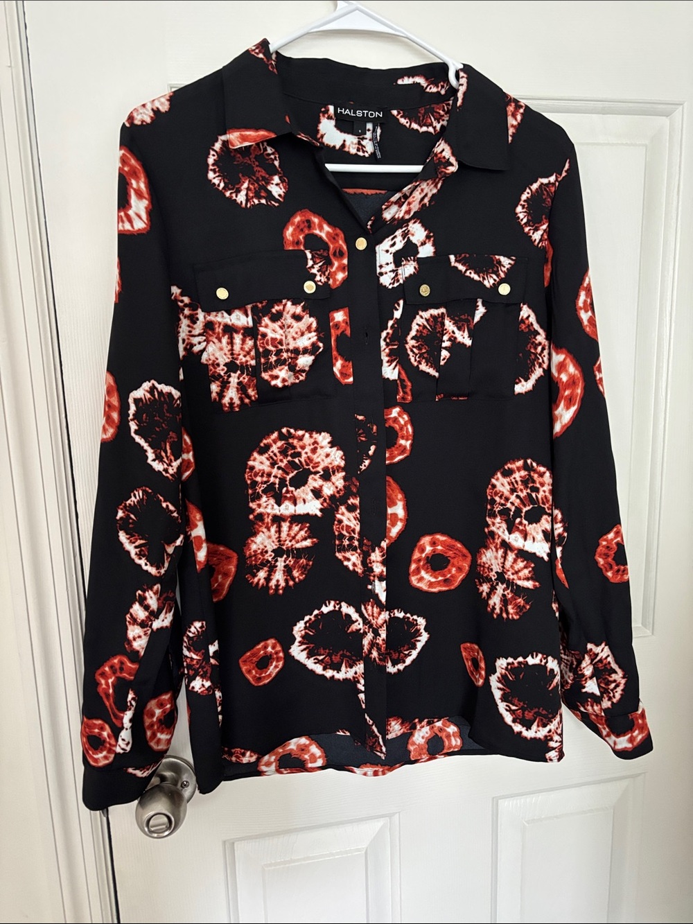 Halston Heritage Black Blouse with Red and White Circular Print